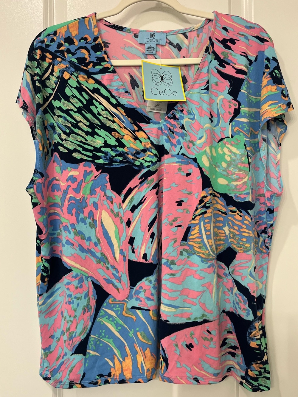 CeCe Pink Blue Green Multi V-Neck Short Sleeve Top Colorful Shirt Sz XL NWT
